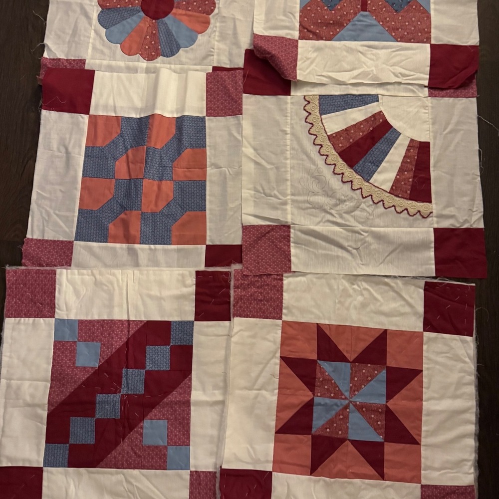 Handmade Quilt Top Panels 12 Vintage Patchwork Red White Blue Cotton - Picture 10 of 16